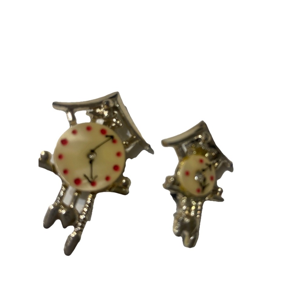 1950's 2 MCM Handpainted Matching Partner Cuckoo Clock Gold Tone Brooches Pins